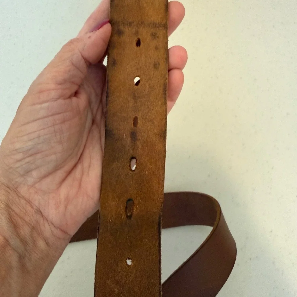 Timberland Mens Leather Belt 40 Brown Rugged Brass Buckle Casual Stitch Detail